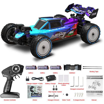 De JIUSI WB12 PRO 1/12 RC-raceauto in blauw en paars met grote knipperende banden, inclusief stuur, batterijen en oplader voor speelplein of racetrack
