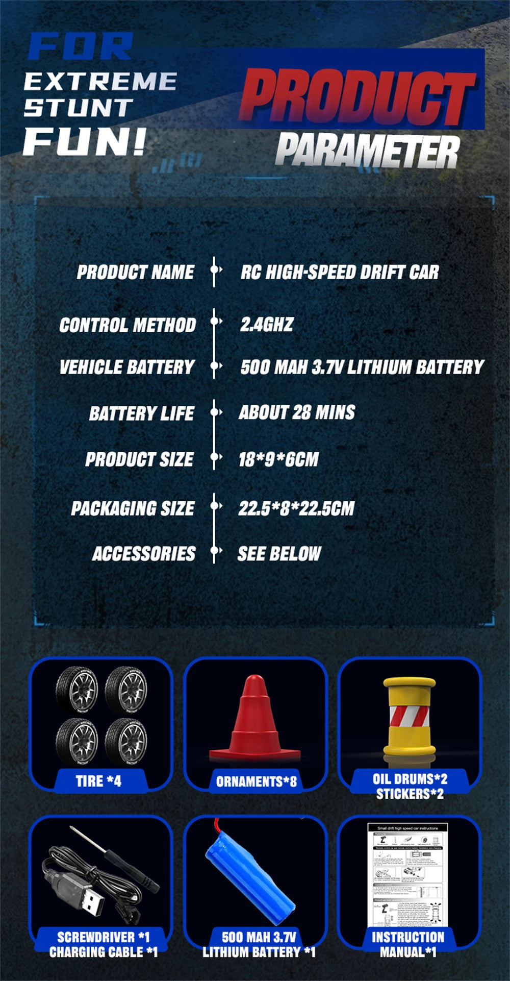 Een witte RC-rallyauto met rode en blauwe strepen, zwarte wielen en blauwe LED-verlichting, klaar voor drift- en race-avonturen. Inclusief stuur, extr
