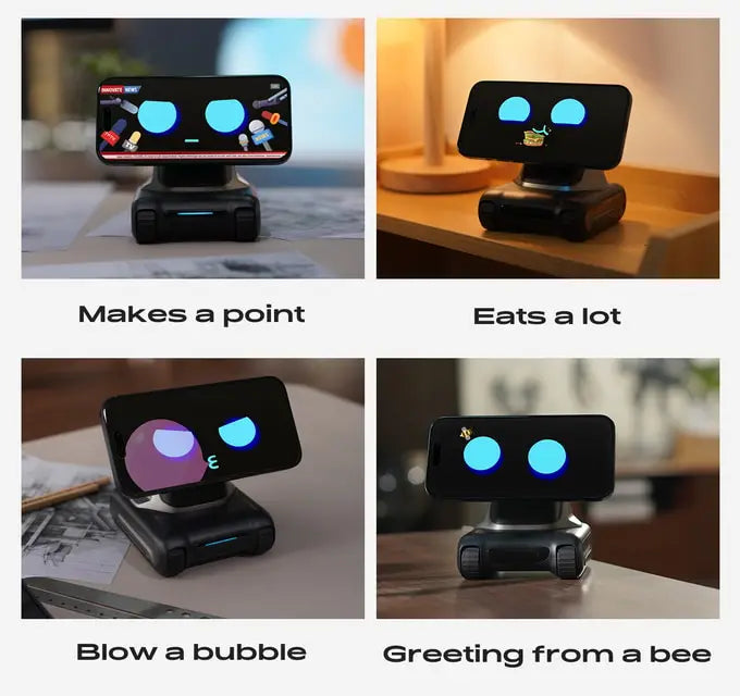 Een zwarte LOOI smart robot met blauwe oogleden, geplaatst op een magnetisch houder voor smartphones. Ideaal als desktop assistent voor persoonlijke i