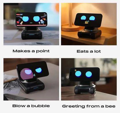 Een zwarte LOOI smart robot met blauwe oogleden, geplaatst op een magnetisch houder voor smartphones. Ideaal als desktop assistent voor persoonlijke i