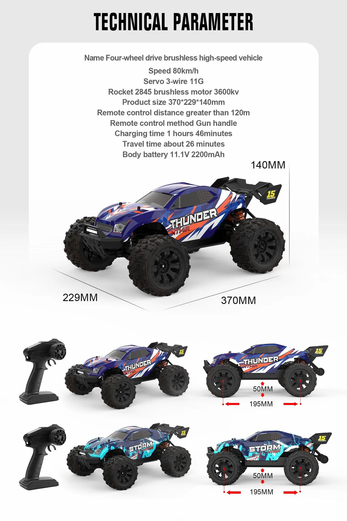 Blauwe JIUSI MT14R 1/14 RC-raceauto met zwarte banden en "STORM" en "THUNDER" opschrift, geschikt voor speelgoedraces en buitenactiviteiten. - Foto 25