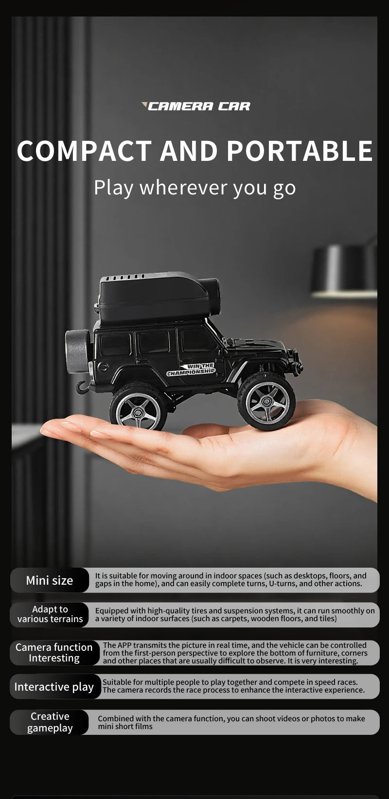 Zwart 1:64 mini klimgoedje met magnetische camera, geschikt voor indoor- en outdoor-avonturen. Zichtbaar app-controle en remote control voor speelplez