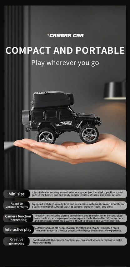 Zwart 1:64 mini klimgoedje met magnetische camera, geschikt voor indoor- en outdoor-avonturen. Zichtbaar app-controle en remote control voor speelplez