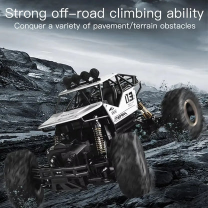 ZWN Rock climber, een zwarte, alloy-upgrade RC-4WD terreinwagen met grote, zichtbare banden en een afstandsbediening, geschikt voor off-road avonturen