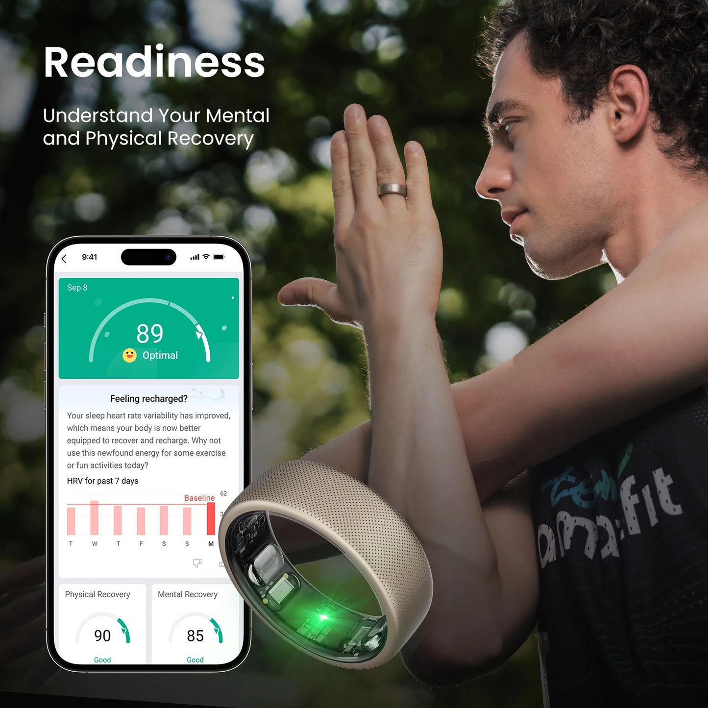 De Amazfit Helio Ring, een goudkleurige, 2,6mm dunne slimme ring met zichtbare sensorcomponenten, biedt nauwkeurige gezondheidsmonitoring en waterbestendigheid voor dagelijks gebruik en sportactiviteiten. - Foto 5