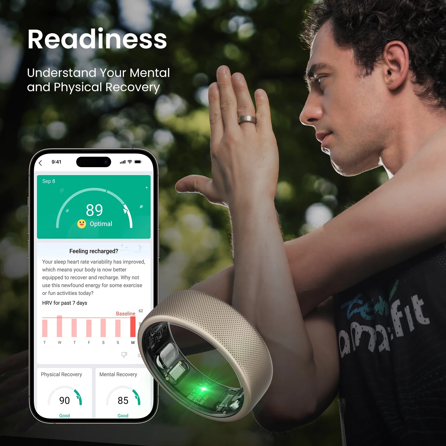 De Amazfit Helio Ring, een goudkleurige, 2,6mm dunne slimme ring met zichtbare sensorcomponenten, biedt nauwkeurige gezondheidsmonitoring en waterbestendigheid voor dagelijks gebruik en sportactiviteiten. - Foto 5