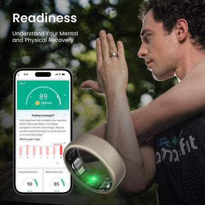 De Amazfit Helio Ring, een goudkleurige, 2,6mm dunne slimme ring met zichtbare sensorcomponenten, biedt nauwkeurige gezondheidsmonitoring en waterbestendigheid voor dagelijks gebruik en sportactiviteiten. - Foto 5