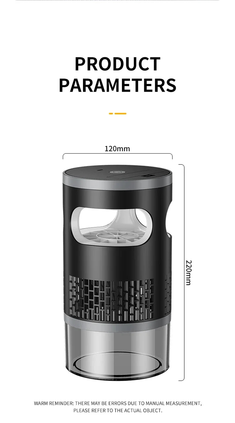 Lenovo Mosquito Killer met blauwe UV-verlichting, zilveren en glazen behuizing, staat op een houten tafel. Geschikt voor slaap- en woonruimtes, met la