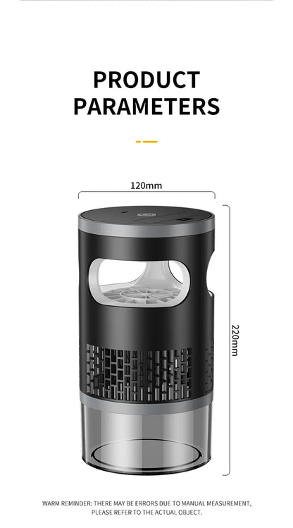 Lenovo Mosquito Killer met blauwe UV-verlichting, zilveren en glazen behuizing, staat op een houten tafel. Geschikt voor slaap- en woonruimtes, met la
