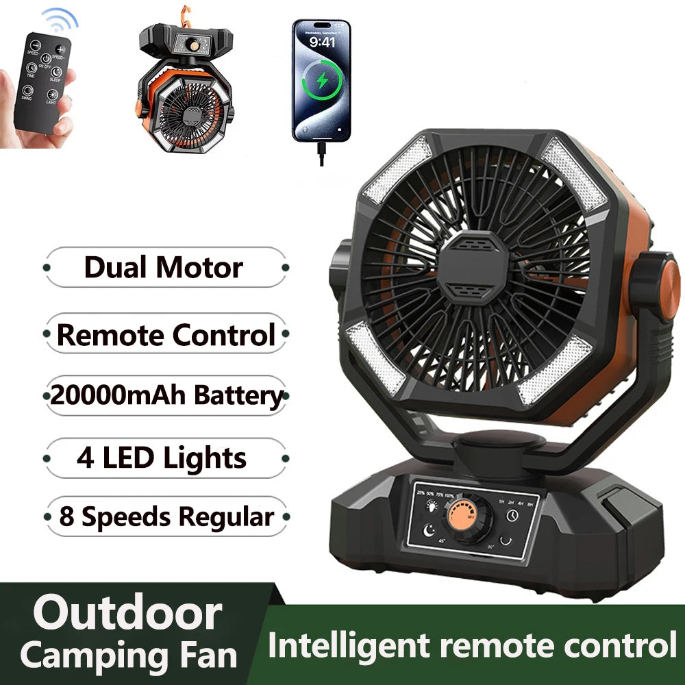 Zwarte en oranje outdoor camping fan met 4 LED-verlichting en draaibare kop, uitgerust met slimme afstandsbediening voor gebruik op kampeerplaatsen of