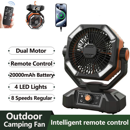 Zwarte en oranje outdoor camping fan met 4 LED-verlichting en draaibare kop, uitgerust met slimme afstandsbediening voor gebruik op kampeerplaatsen of
