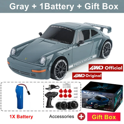 Zwart 4WD RC-raceauto met glanzende lak, zichtbare wielen en nummer 1 op de zijkant, inclusief afstandsbediening en batterijen voor speelplezier op za
