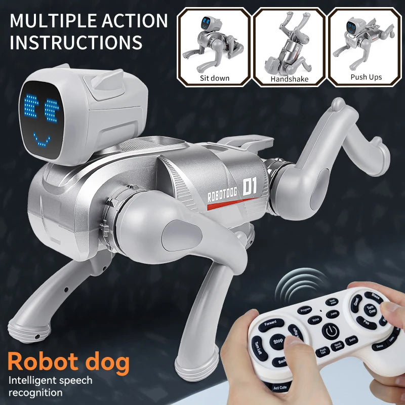 ZWN X1 AI Smart Robot Dog in zilverkleurig metaal, met blauwe LED-gezichtsuitdrukking en Bluetooth-functionaliteit, bedienbaar via afstandsbediening v