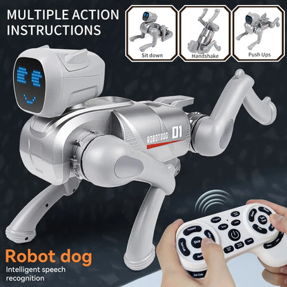 ZWN X1 AI Smart Robot Dog in zilverkleurig metaal, met blauwe LED-gezichtsuitdrukking en Bluetooth-functionaliteit, bedienbaar via afstandsbediening v