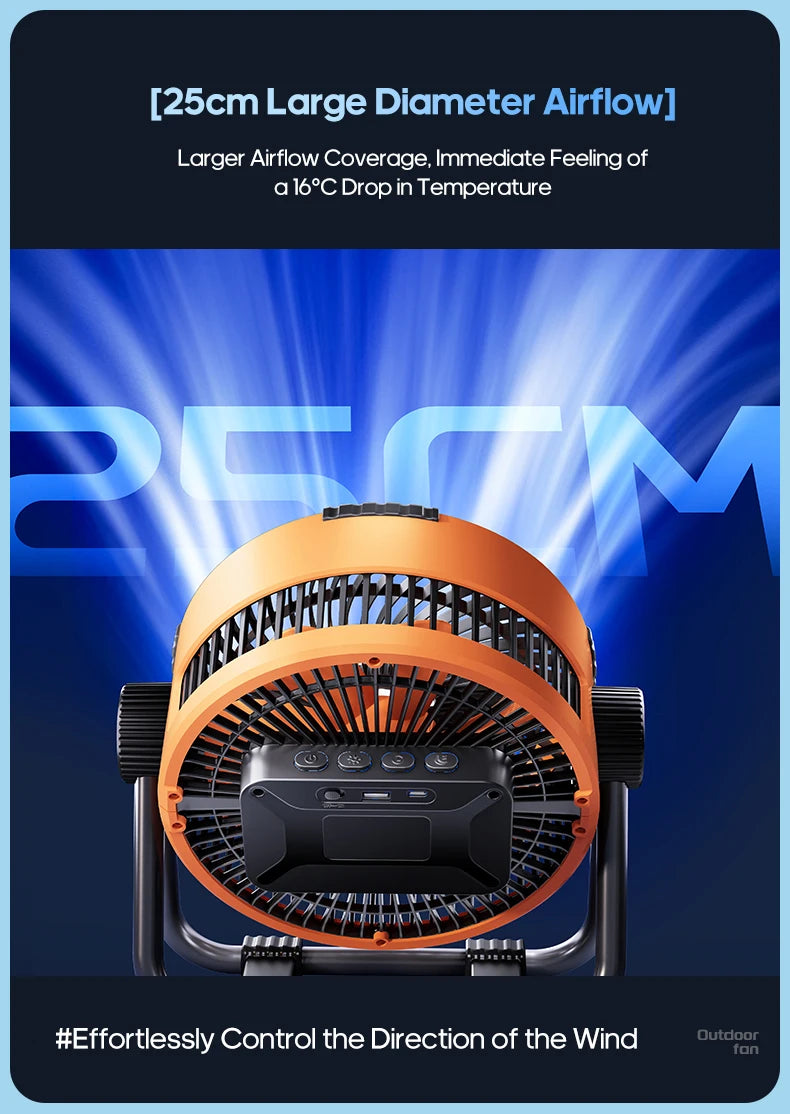 Oranje Kinscoter 6-in-1 kamperingsventilator met 20000mAh batterij, digitale display en afstandsbediening, geschikt voor gebruik op kampeerplaatsen en