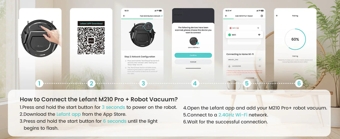Zwart Lefant M210 Pro+ robotstofzuiger met glanzend oppervlak en blauwe power-indicator, toegankelijk via smartphone of smartwatch voor slimme huishou