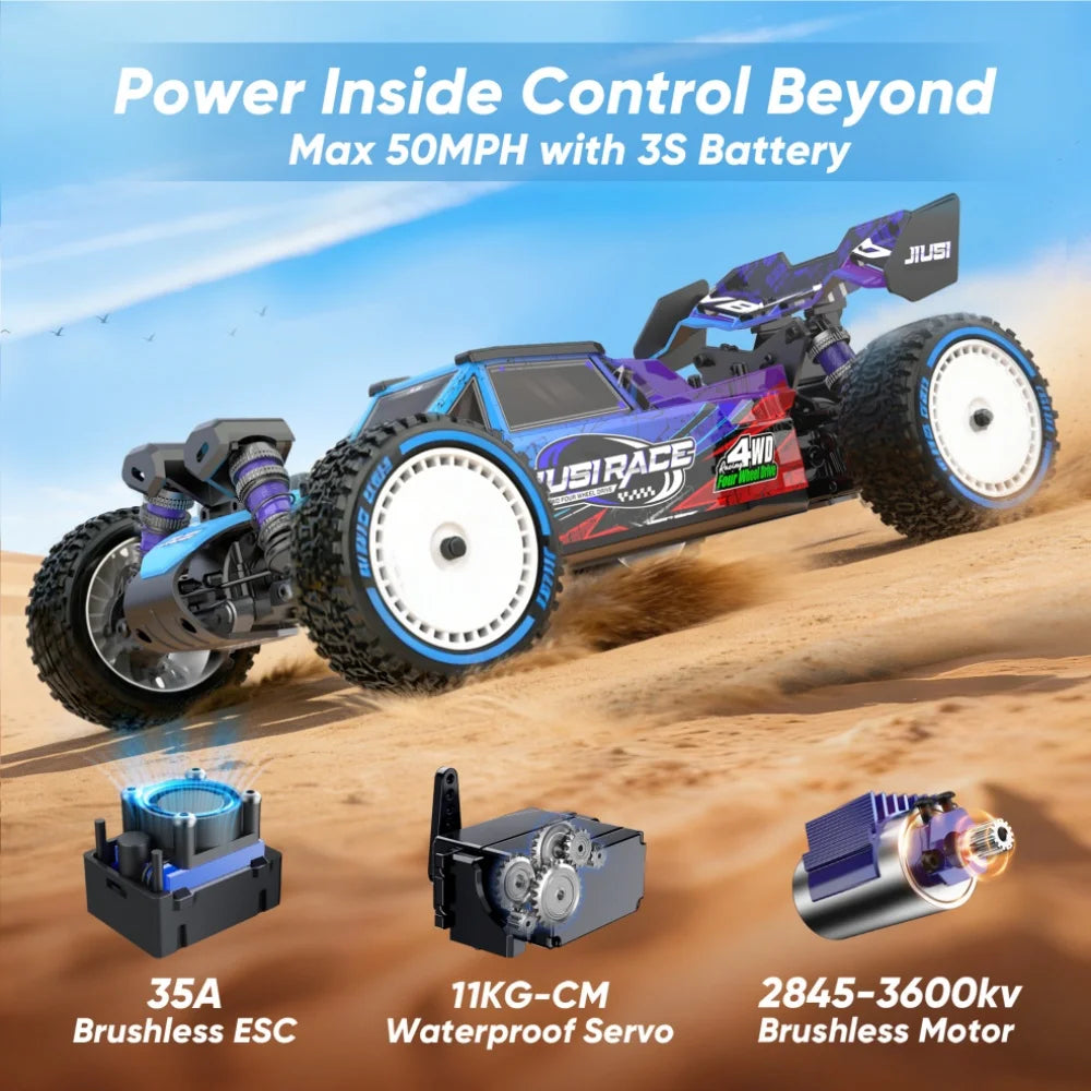 Blauwe en paarse JIUSI WB12 PRO 1/12 RC-raceauto met grote rubberen banden en zichtbare schokdempers, geleverd met stuur, batterijen en oplader voor s