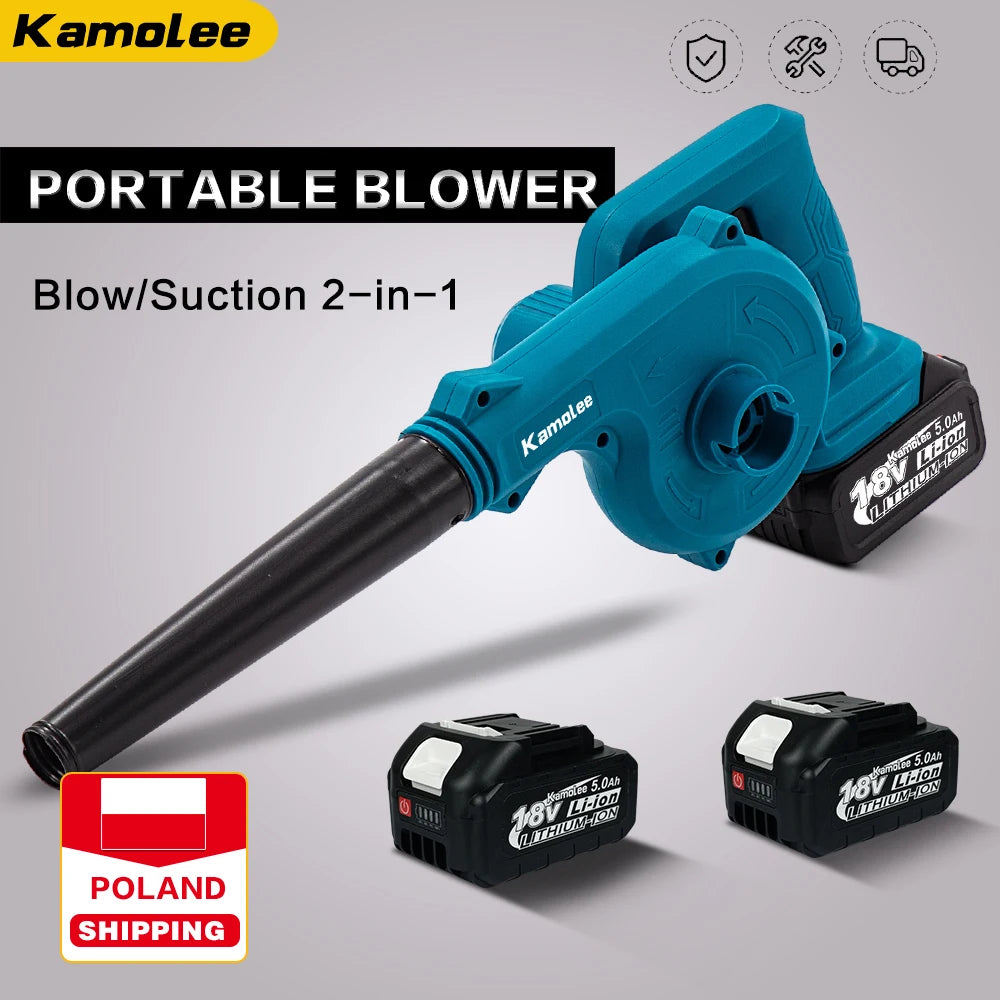 De Kamolee draadloze blower in blauw met zwart snoer, uitgerust met lithium-ion batterijen, is een 2-in-1 blazer en zuiger voor tuin- en schoonmaakwer