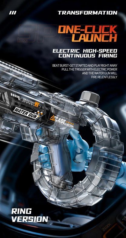 De elektrische waterpistool Shark MK-1 heeft een transparante, futuristische constructie met een donkerblauwe grip en een opvallende rode uitlaat. Het