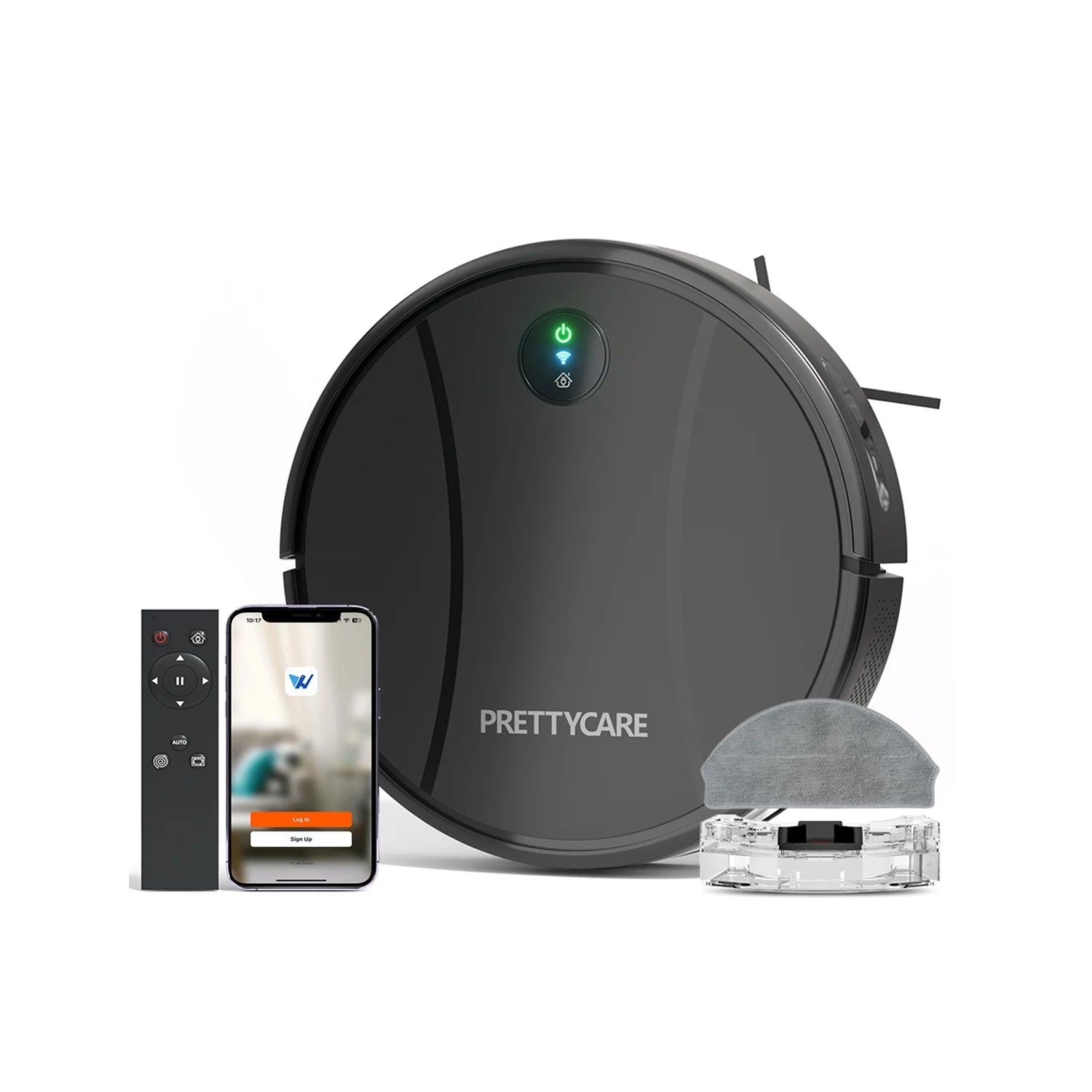 Zwart, ronde robotstofzuiger van het merk PRETTYCARE met actieve LED-indicatie, geïntegreerd met smartphone-app en afzonderlijke stofzuigkop voor effi