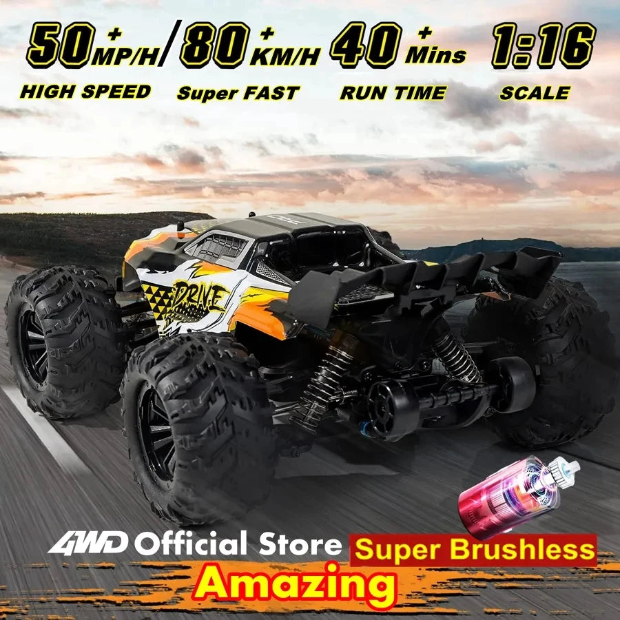 Zwart-pink RC monstertruck met grote terreinbanden en blauwe LED-verlichting, in actie op modderige terrein. Geschikt voor extreme off-road racen en s