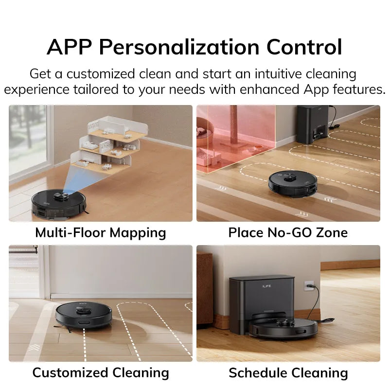 Zwarte ILIFE robotstofzuiger met glanzend metalen centrale knop, geplaatst naast zijn oplader en een smartphone met app. Ideaal voor automatische vloe