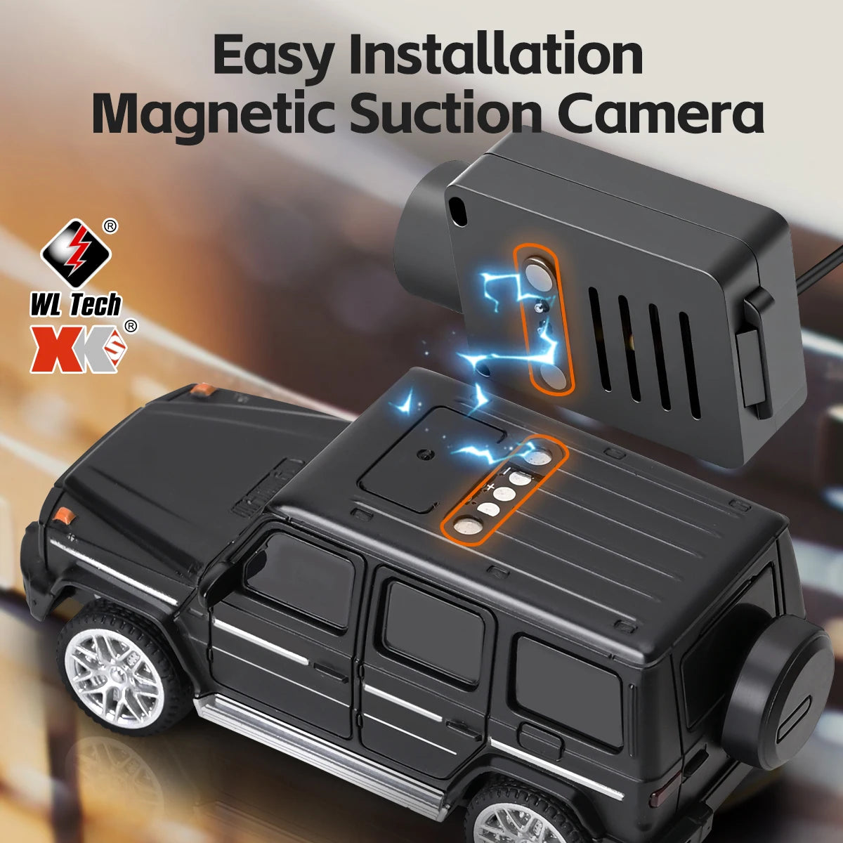 Mini camera in 1:64 schaal, geïntegreerd in zwarte, zilveren, oranje en blauwe SUV-modellen, met bijbehorende stuurunit en USB-kabel voor speelgoedaut