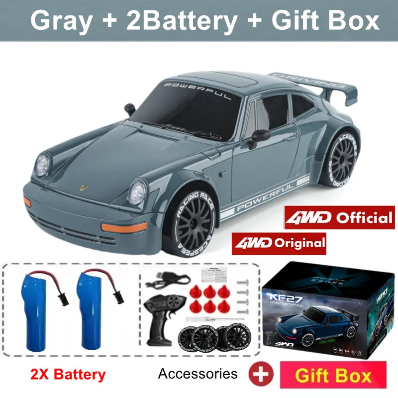 Zwart 4WD RC-raceauto met glanzende lak, zichtbare schokdempers en nummer 1 op de zijkant, inclusief blauwe batterijen en afstandsbediening voor speel