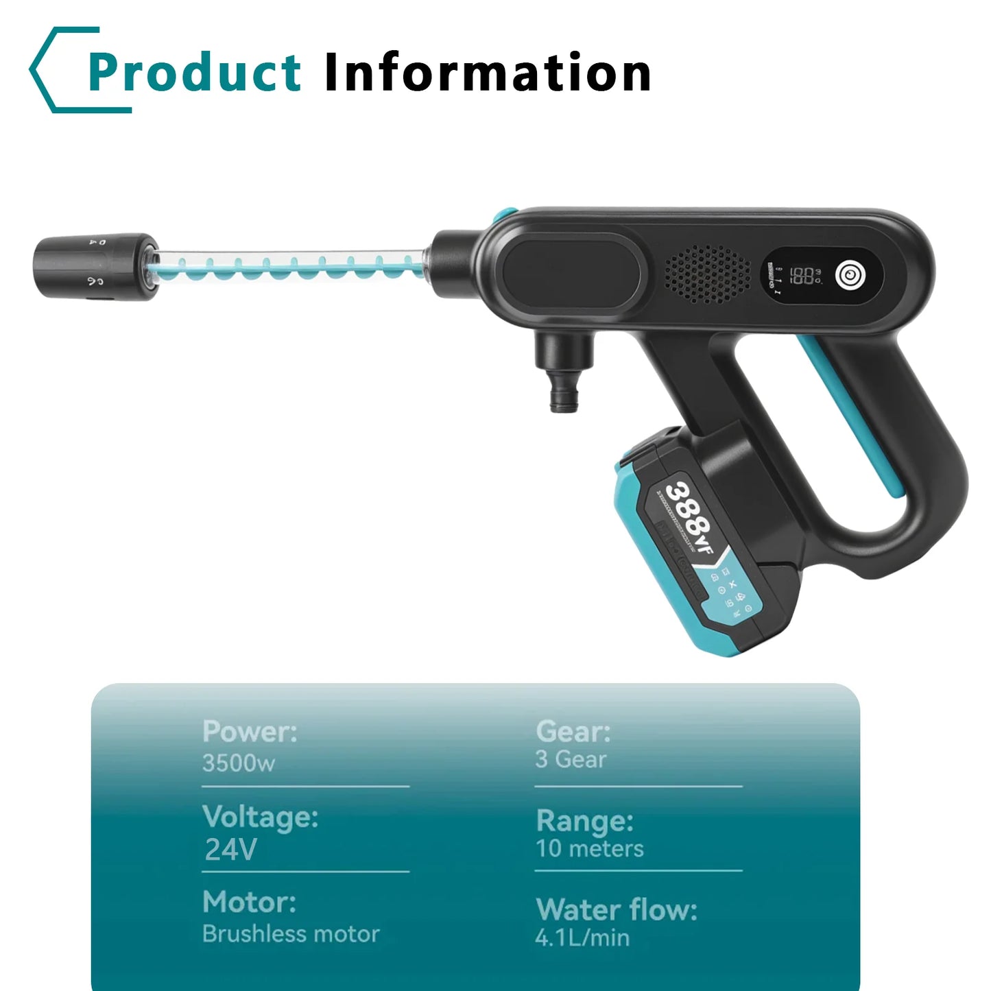 Een zwarte en turquoise draadloze stroomreiniger met digitale display, inclusief batterijen, slang, borstel, en accessoires voor efficiënte reiniging 