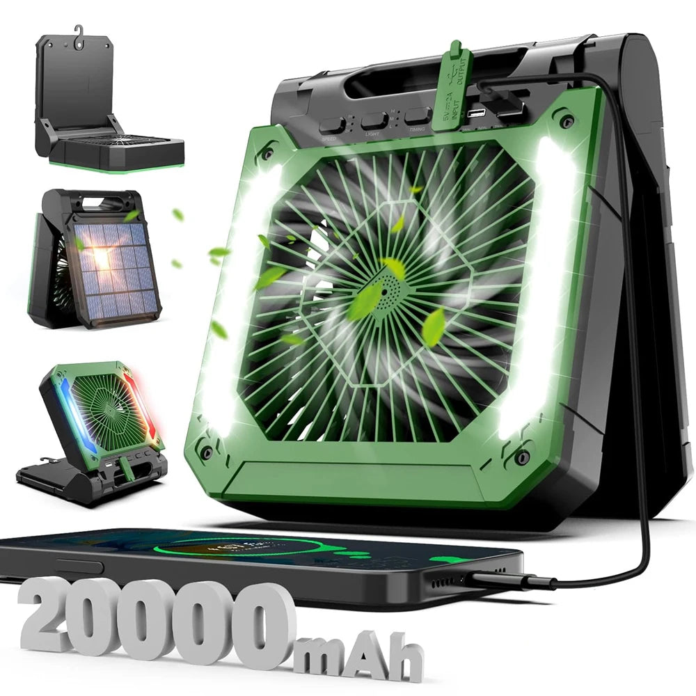 Groene draagbare ventilator met LED-verlichting en zonne-energiepaneel, uitgerust met USB-poorten en 20000mAh accu voor mobiele apparaten en outdoor-g