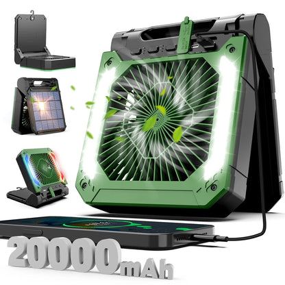Groene draagbare ventilator met LED-verlichting en zonne-energiepaneel, uitgerust met USB-poorten en 20000mAh accu voor mobiele apparaten en outdoor-g