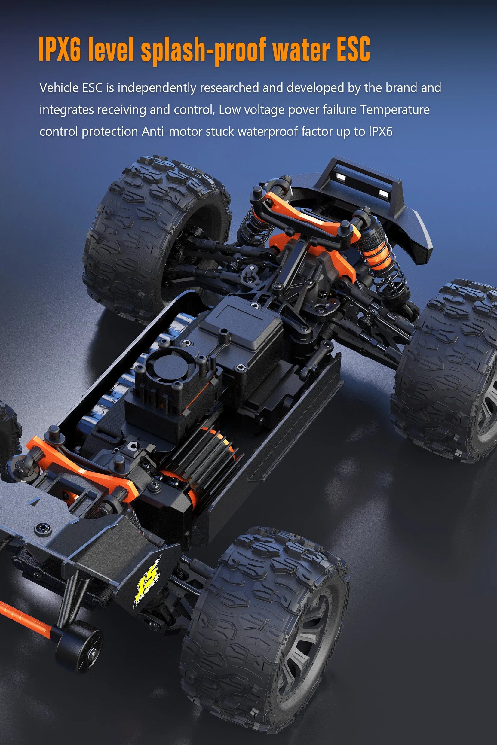 Blauwe JIUSI MT14R 1/14 RC-raceauto met zwarte banden en "STORM" en "THUNDER" opschrift, geschikt voor speelgoedraces en kinderen. Perfect voor binnen