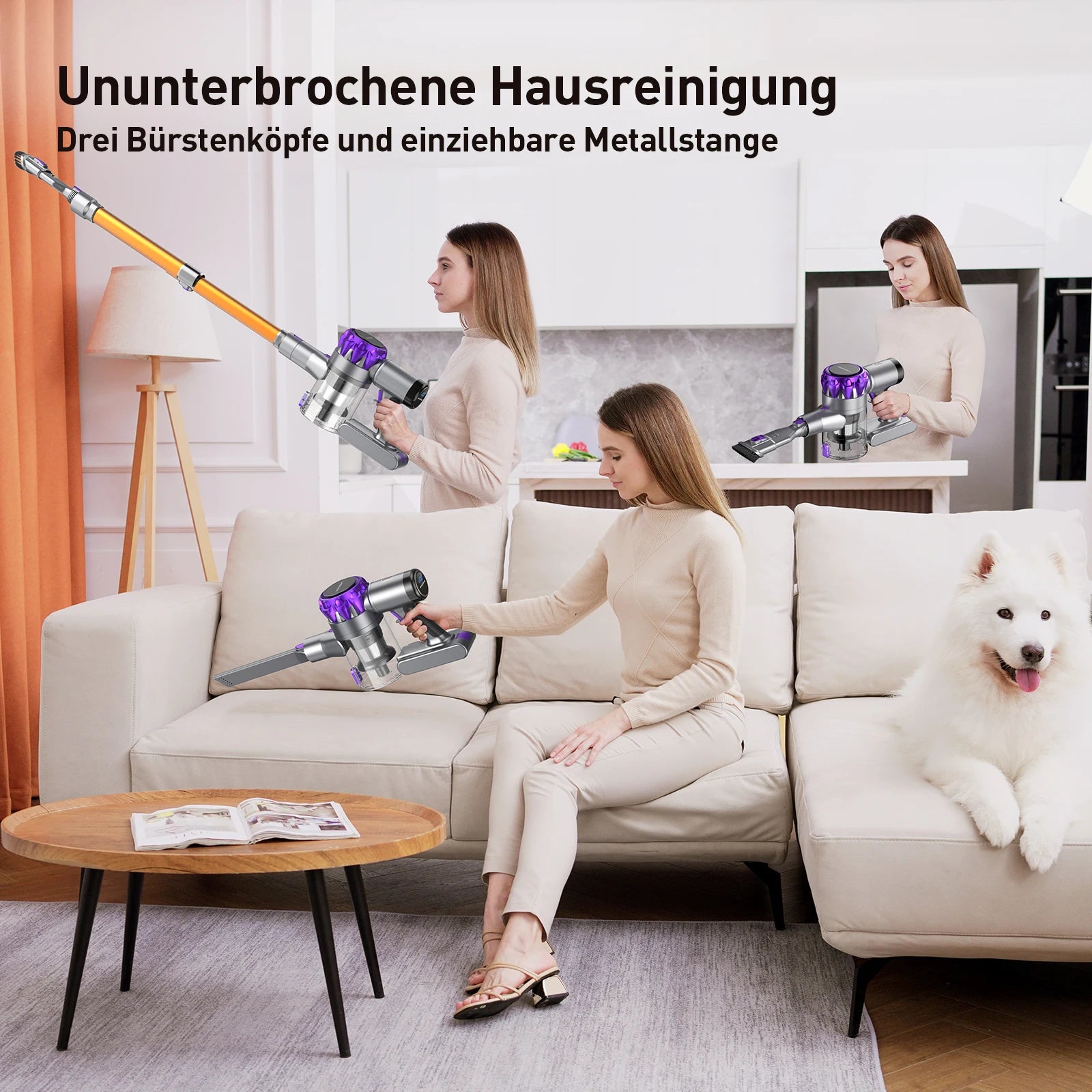 Een moderne, paars-zilveren draadloze stofzuiger met digitale display en flexibele borstelkoppen, geschikt voor diepe reiniging van vloeren en meubels
