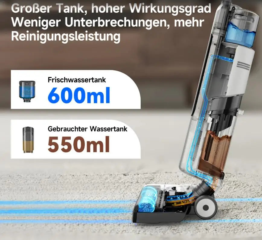 Zwarte en witte stofzuiger W12 SE met blauwe waterdichte borstel, geschikt voor huishoudelijk gebruik. Voorkom stof en vlekken met deze wet- en droogz