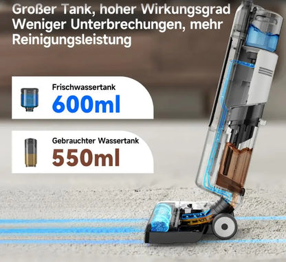 Zwarte en witte stofzuiger W12 SE met blauwe waterdichte borstel, geschikt voor huishoudelijk gebruik. Voorkom stof en vlekken met deze wet- en droogz