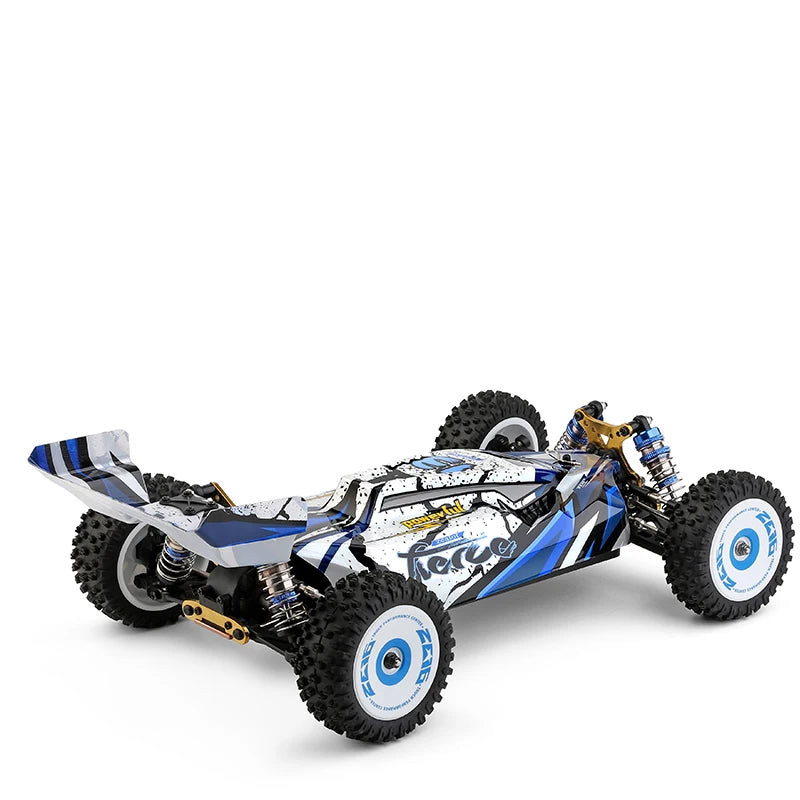 WLtoys Zealot 1:12 4WD RC buggy met blauw-wit camouflage, zichtbare schokdempers en rubberen banden, geschikt voor speelplein of racetrack. - Foto 21