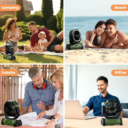 Groene draagbare ventilator met LED-verlichting en oplaadfunctie, uitgerust met afstandsbediening en USB-poorten voor mobiele apparaten, ideaal voor k
