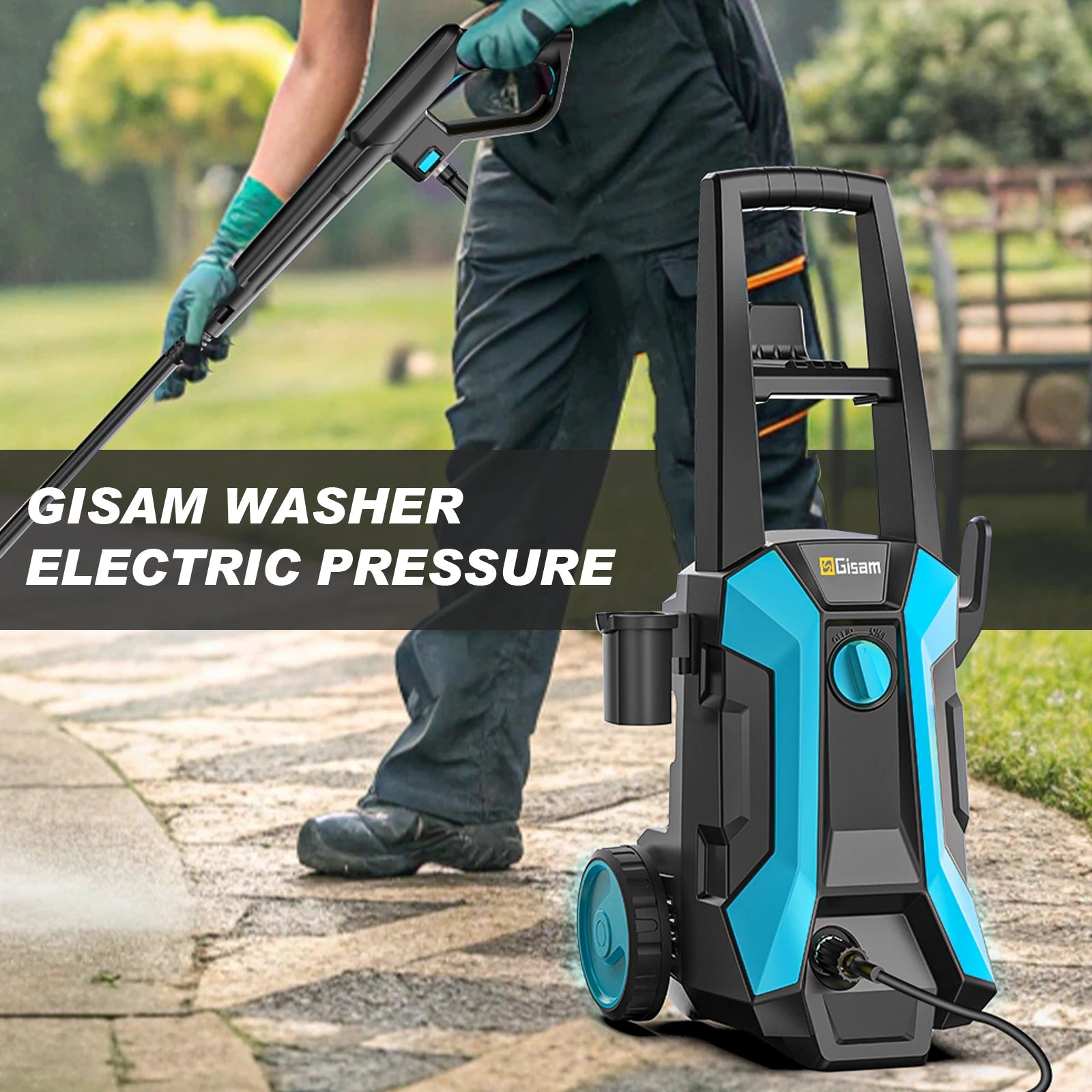 De Gisam waterkanon met 200 bar druk, zwart met blauwe accenten, inclusief slang, diverse borstels en accessoires voor efficiënte carwash en tuinreini