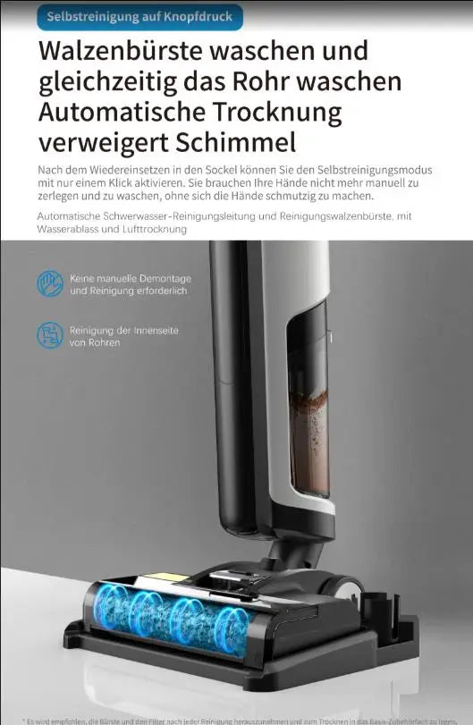 Zwarte en witte W12 SE stofzuiger met blauwe waterdichte borstel, geschikt voor huishoudelijk gebruik. Vooral geschikt voor vloeren en tapijten in woo