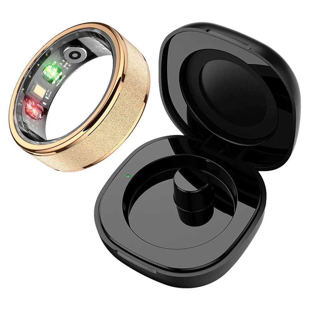Gouden en zwarte slimme ring met zichtbare sensorcomponenten, geplaatst in een zwart opbergkastje. Ideaal voor technologie-geïnteresseerde gebruikers die een stijlvolle smartwatch willen dragen. - Foto 7