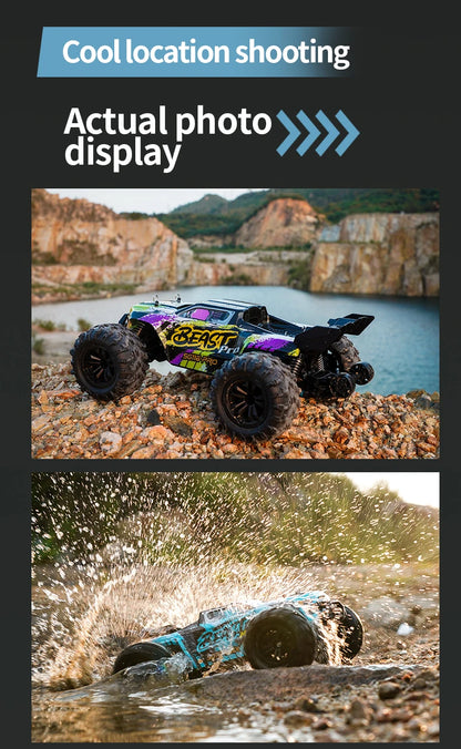 Zwart Rigid Off-Road RC-raceauto met rode velgen en LED-verlichting, uitgerust met 3 blauwe batterijen, stuurcontroller en opbergzak voor terreinrijde
