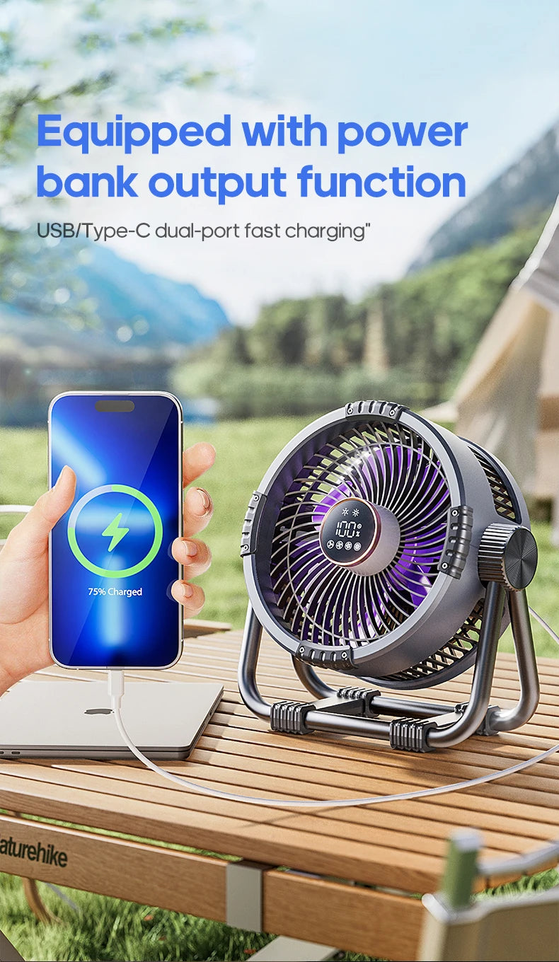 Oranje Kinscoter 6-in-1 kampeerventilator met 20000mAh batterij, digitale display en afstandsbediening, geschikt voor kamperen en reizen. Compacte, dr