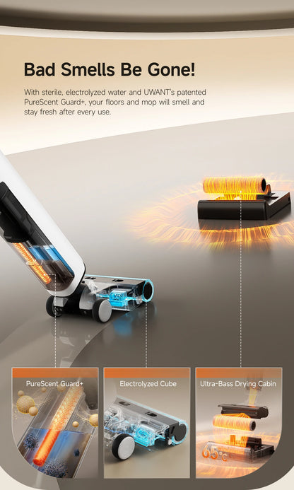 De Uwant D500 waterdichte stofzuiger met blauwe zuigkop en 180° draaibare arm, uitgerust met wasbare roller en 17000Pa zuigkracht, geschikt voor diepe