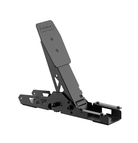 Zwart metalen MOZA voetpedaal met verstelbare arm en schroefmontages, ontworpen voor stabiliteit bij videobewerking. Geschikt voor professionele camera’s en stabilisatoren in studio- en opnamesituaties.
