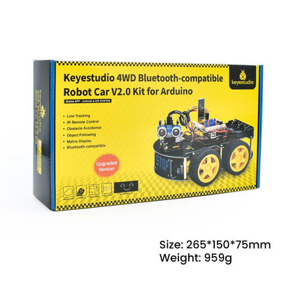 Een Keyestudio robotkit met zwarte chassis, gele wielen en diverse elektronische componenten, inclusief sensoren en een microcontroller, voor educatie
