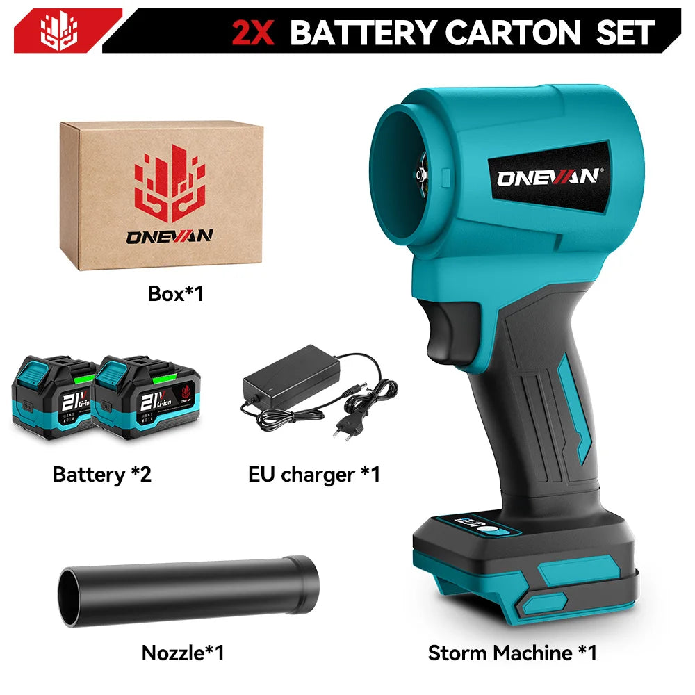 Een Onevan draadloze bladzager met blauw-zwarte kleur, 21V lithium-batterij en 2 extra accu’s, geschikt voor professioneel gebruik in de bouw en houtb