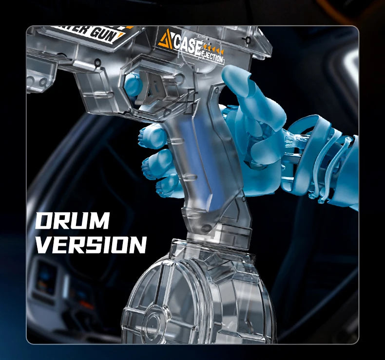 De elektrische waterpistool Shark MK-1 heeft een transparante, futuristische constructie met een donkerblauwe grip en een opvallend oranje uitlaat. He
