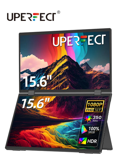 De UPERFECT 15,6-inch dubbel scherm laptop met 1080P FHD-resolutie en 350 nits, uitgerust met 100% sRGB en HDR, perfect voor gaming en creatieve werkz