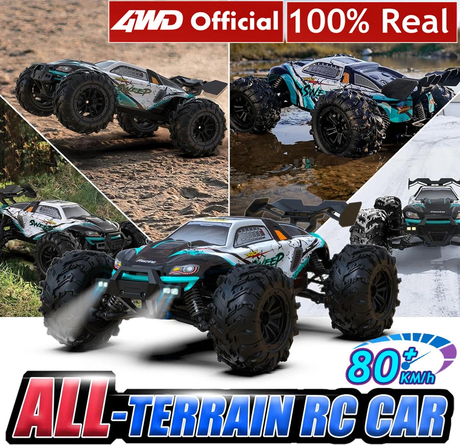 Een 1:16 schaal RC monstertruck in zwart, roze en wit, met grote terreinbanden en blauwe LED-verlichting, rijdt krachtig over modderig terrein. Geschi