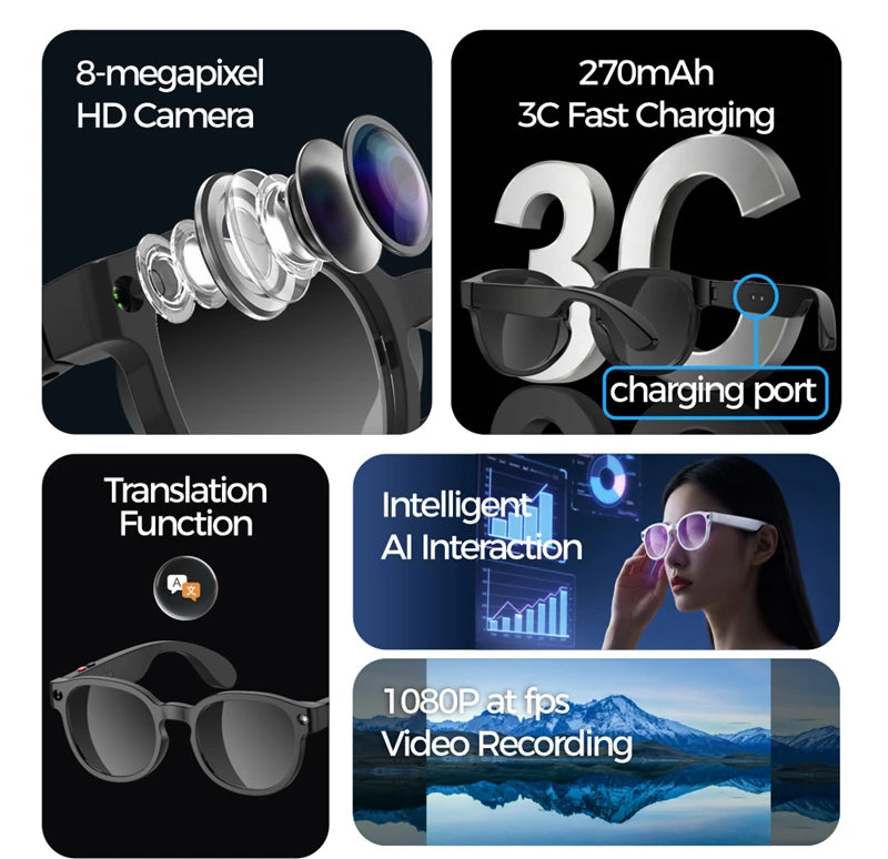 Zwart Lenovo Smart Glasses met 4K Ultra HD display en Pixel HD camera, voorzien van AI-functionaliteit en kleurveranderende lenzen bij lichtexpositie,